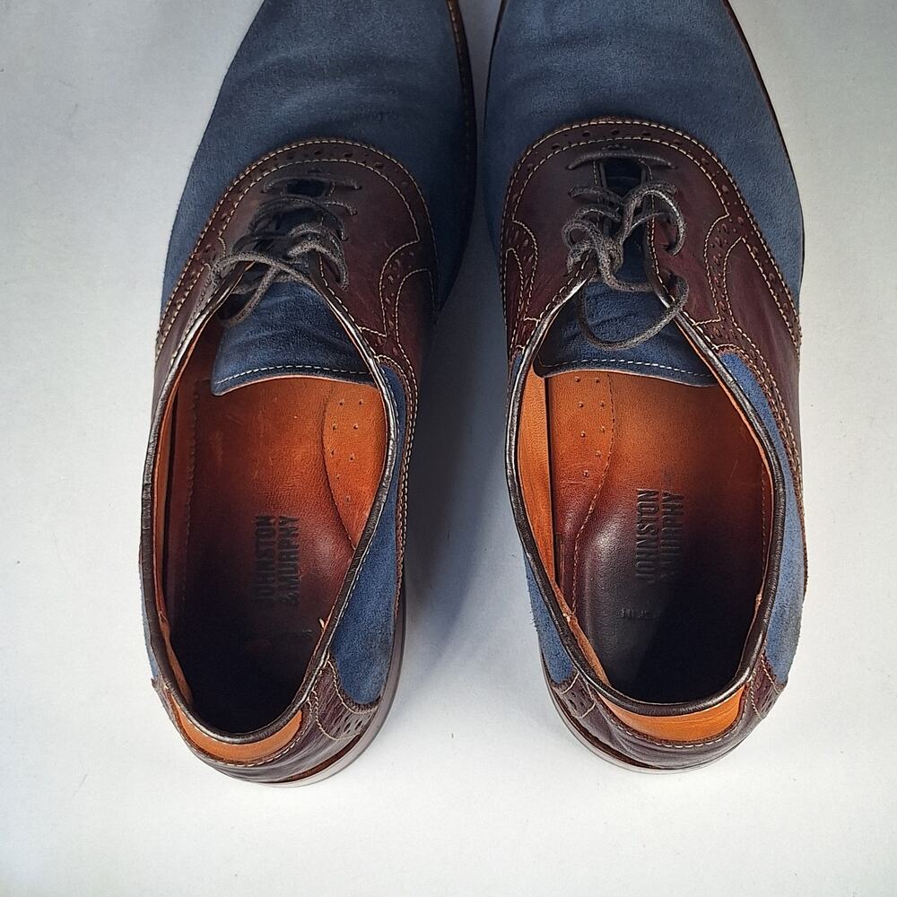 Johnston & Murphy Men's Oxford Dress Shoes 12M Brown Blue Suede Wingtip Brogue - Picture 9 of 12